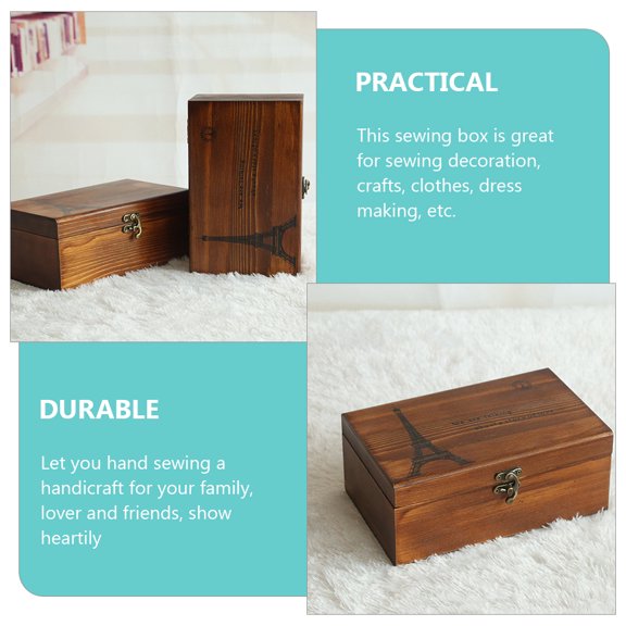 Raindrops Home Sewing Box Brown Wooden Needlework Case for Thread Needle and Button Storage