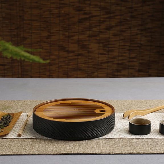 USHOBE Drain Rack Round Tray Black Bamboo Ceramic 1Pack 9.6x9.6x1.9in