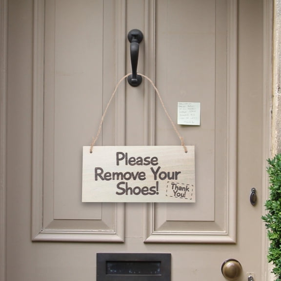 Raindrops 2-Piece Wooden Please Remove Your Shoes Hanging Sign Ivory Solid Wood Door Decor for Home Entryway