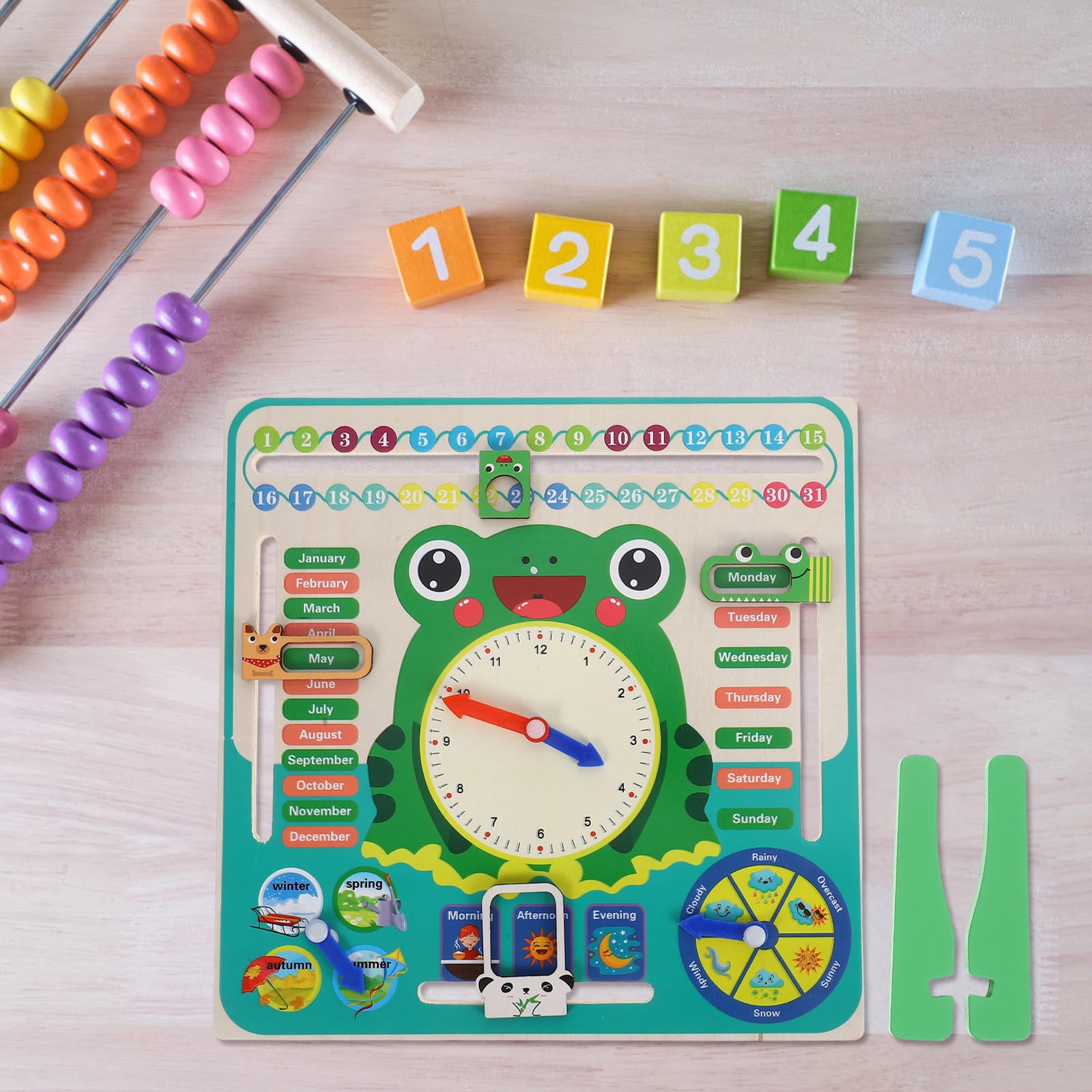 Raindrops Kids' Wooden Clock Calendar Learning Toy Montessori Cognitive ...