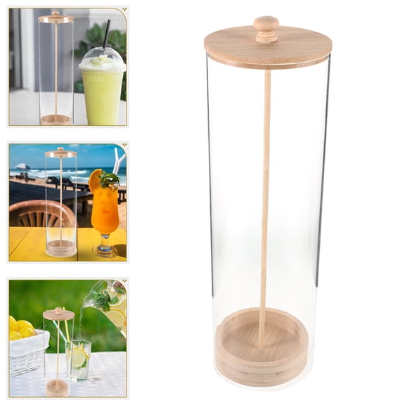 FOMIYES Multipurpose Straw Storage Box with Wooden Lid and Clear Acrylic Design