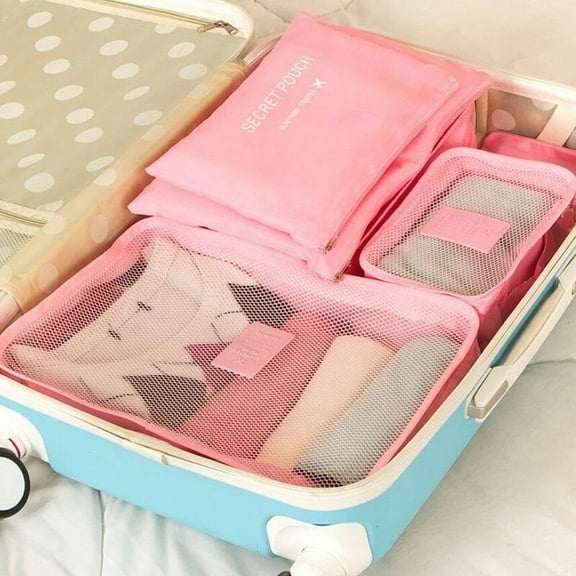 Raindrops 6Pcs Waterproof Travel Storage Bags Clothes Packing Cube Luggage Organizer Pouch (Pink)