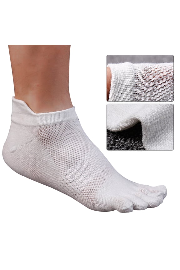 Men Cotton Low Cut Athletic Running Toe Socks 5 Finger No Show Mesh Wicking (White)