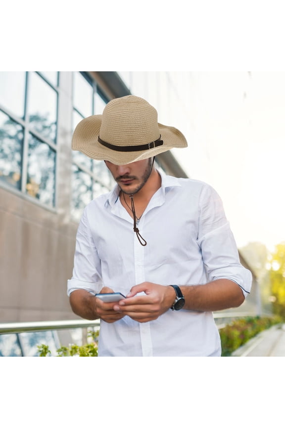 Beige Wide Brim Straw Sun Hat for Men, Foldable Floppy Design Ideal for Hiking and Camping Outdoors