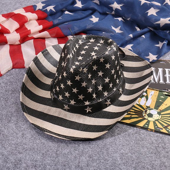 Raindrops Black Decorative Cowgirl Straw Hat with Us Flag Design for Fourth of July