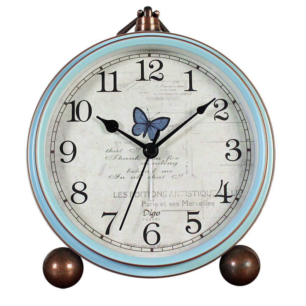 Sky-Blue Vintage Metal Analog Alarm Clock for Kids