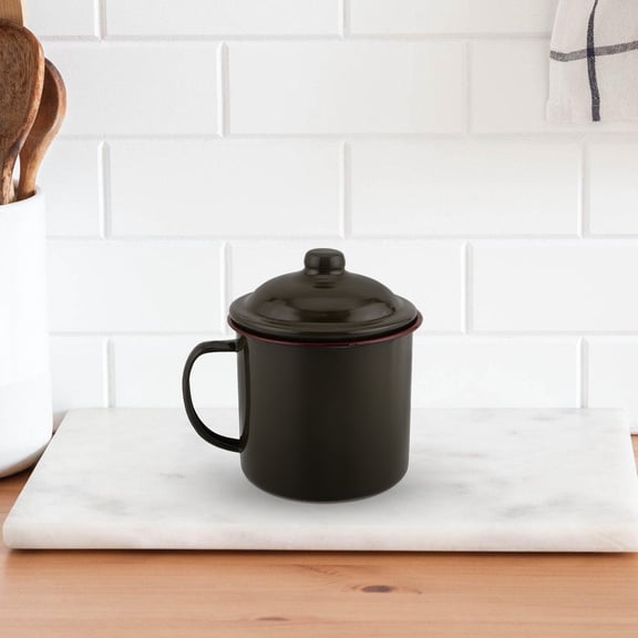 Raindrops Olive Green Enamelware Mug with Lid Retro Design for Camping Tea and Coffee