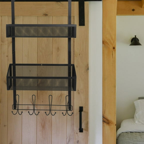 Raindrops Over Door Storage Rack with Mesh for Home Black Carbon Steel 2 Hooks
