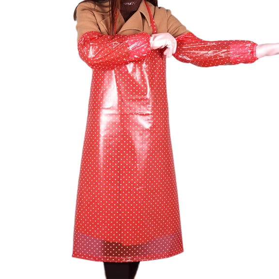 CRILSTYLEO Kitchen Cooking Apron Red Waterproof with Oversleeves Long Tie Waist Strap for Cooking and Bbq