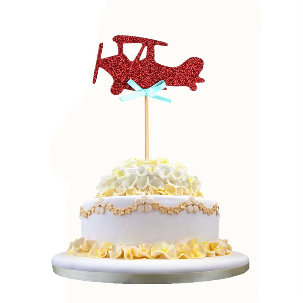 Raindrops Red Paper Cake Toppers with Glitter Plane and Bow for ...