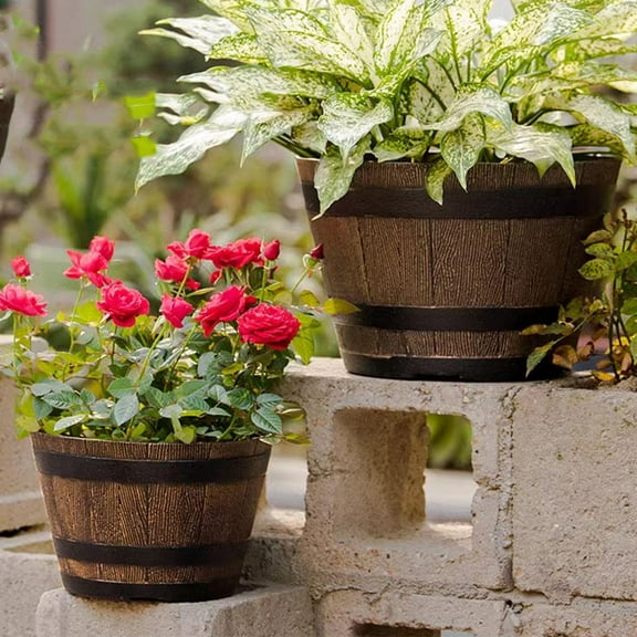 Raindrops Resin Barrel Planter Flower Barrels Dark Brown