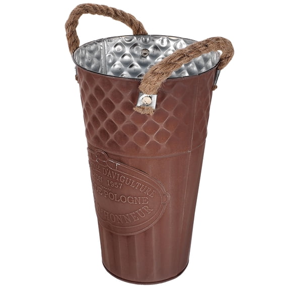 Raindrops Retro Iron Flower Planter with Rope Handle for Decor Brown Color Portable Garden Bucket Small 6.5 Inches