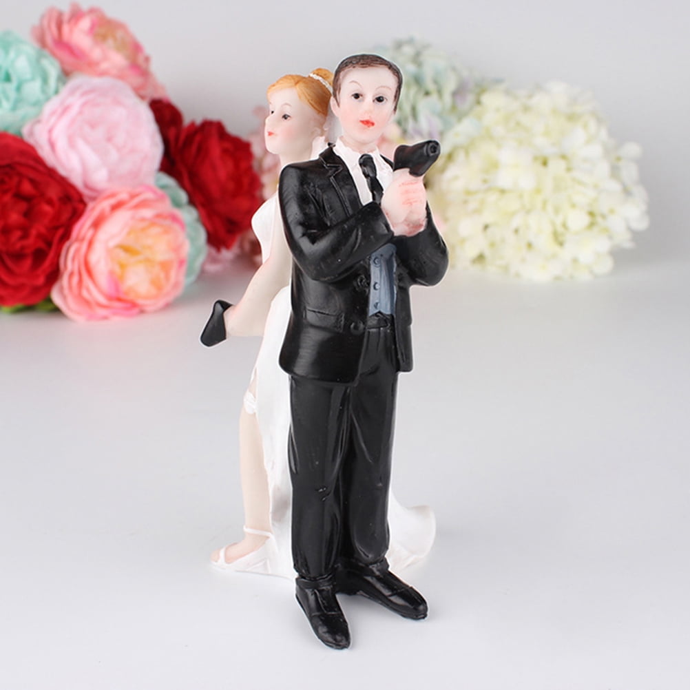 Funny Chef Wedding Cake Topper - Bride Dragging Groom Cooking, Black Acrylic 6.7"x5.9" Cake Decoration