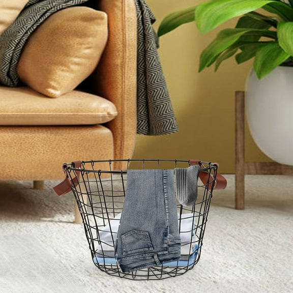 Raindrops Round Wire Firewood Basket Metal Laundry Clothes Hamper With Handle Iron Wire Utility Storage Container Farmhouse Organizer Bin For Firewood Log Toys Book Blanket S