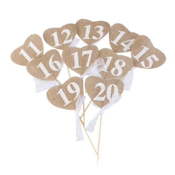 Raindrops Rustic Burlap Wedding Table Numbers 1120 with Heart Shape Cards on Stick for Decor