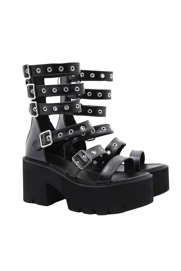 Sandals Goth High Heeled Summer Roman Shoes for Women Women's Woman Black