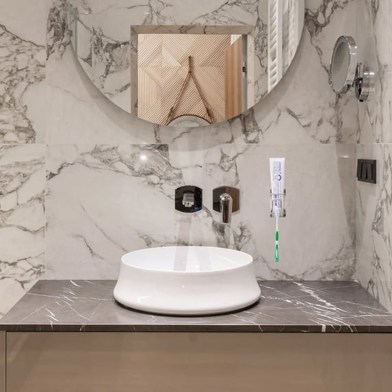 FOMIYES Self Adhesive Wall Toothbrush Rack Stainless Steel Cup and Toothbrush Holder