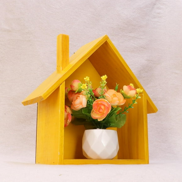 Raindrops Small House Shaped Wall Shelf for Bedroom Living Room Made of Timber Yellow 7.5x5.5x8.3 Inches