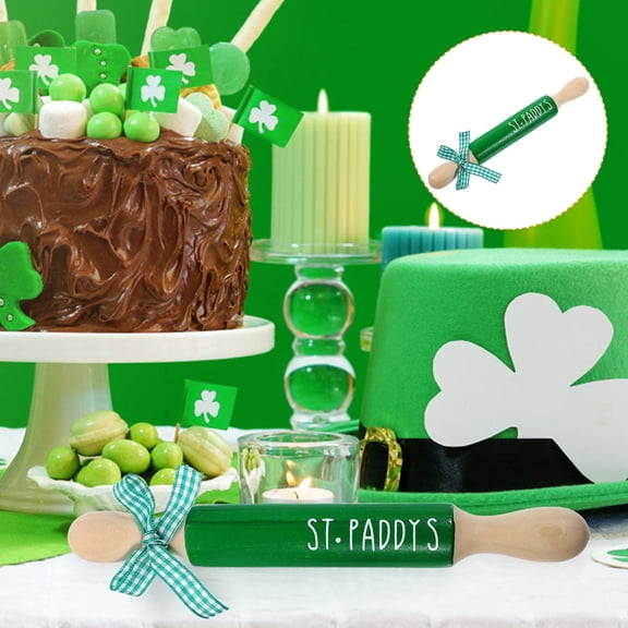 Raindrops St Patricks Day Decor Green Mini Rolling Pin for Tiered Tray Farmhouse Style Wooden Decoration