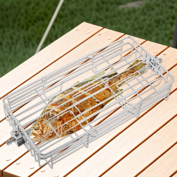Raindrops Stainless Steel Rotisserie Grill Cage for Fish Chicken Wings Lamb Expandable and Rotating BBQ Rack Fish Basket for Outdoor Barbecue