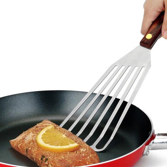 Raindrops Stainless Steel Steak Slotted Turner Cooking Spatula Wooden Handle Fried Shovel Kitchenware (Large Size)