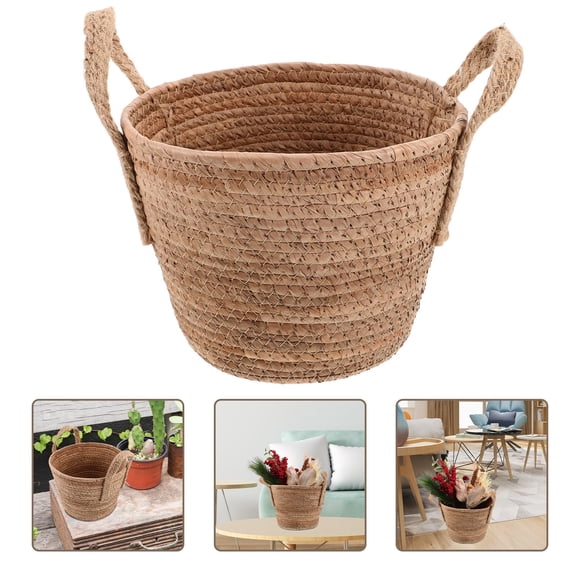 Raindrops Natural Seagrass Woven Basket, Round Rattan Plant Pot for Storage and Home Decoration