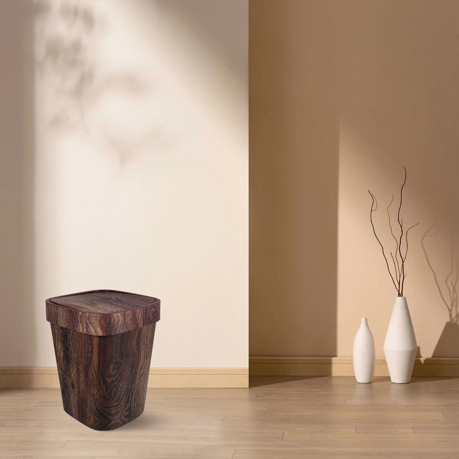 Raindrops Trash Can With With Swing Top Lid Brown Wood Grain Bathroom ...