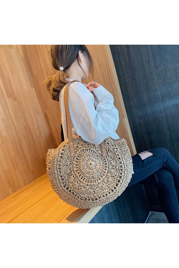 Travel Tote Khaki Handmade Round Straw Beach Bag with Comfortable Strap