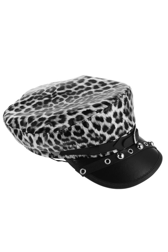 Black PU Leopard Beret Hat with Flat Top for Casual and Retro Outfits