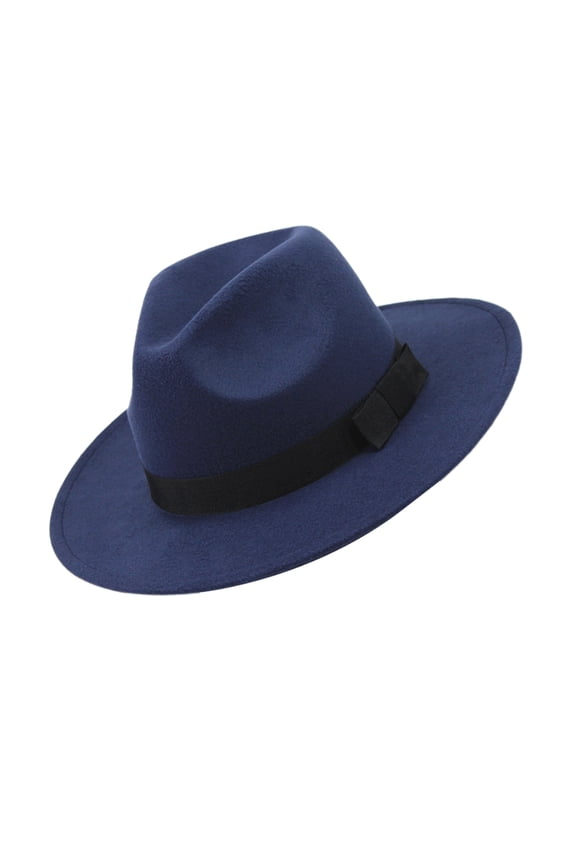 Dark Blue Structured Wide Brim Fedora Hat Unisex Fashion British Style