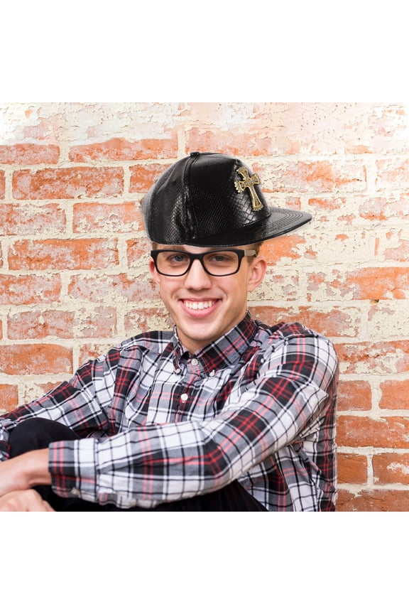 Black PU Pattern Flat-Brimmed Visor Cap for Men Women Trendy Hip Hop Style Summer Headwear