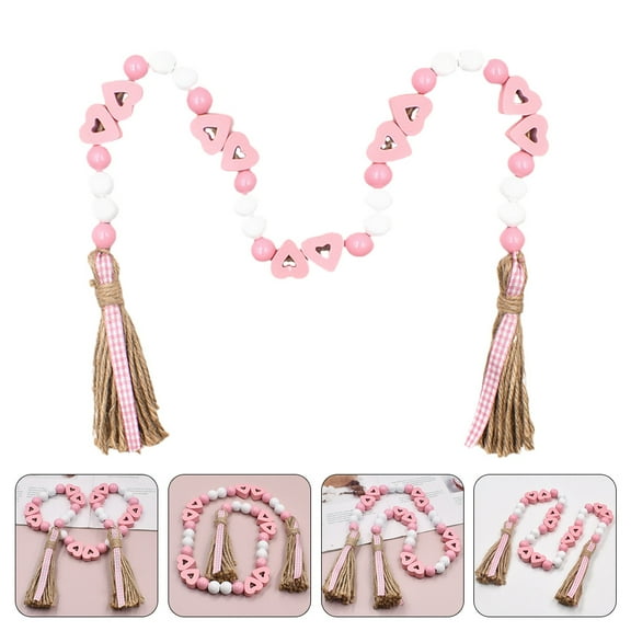 Raindrops Valentine Wooden Bead Garland with Tassel for Decor Pink Heart Shaped Reusable 7.8 Feet