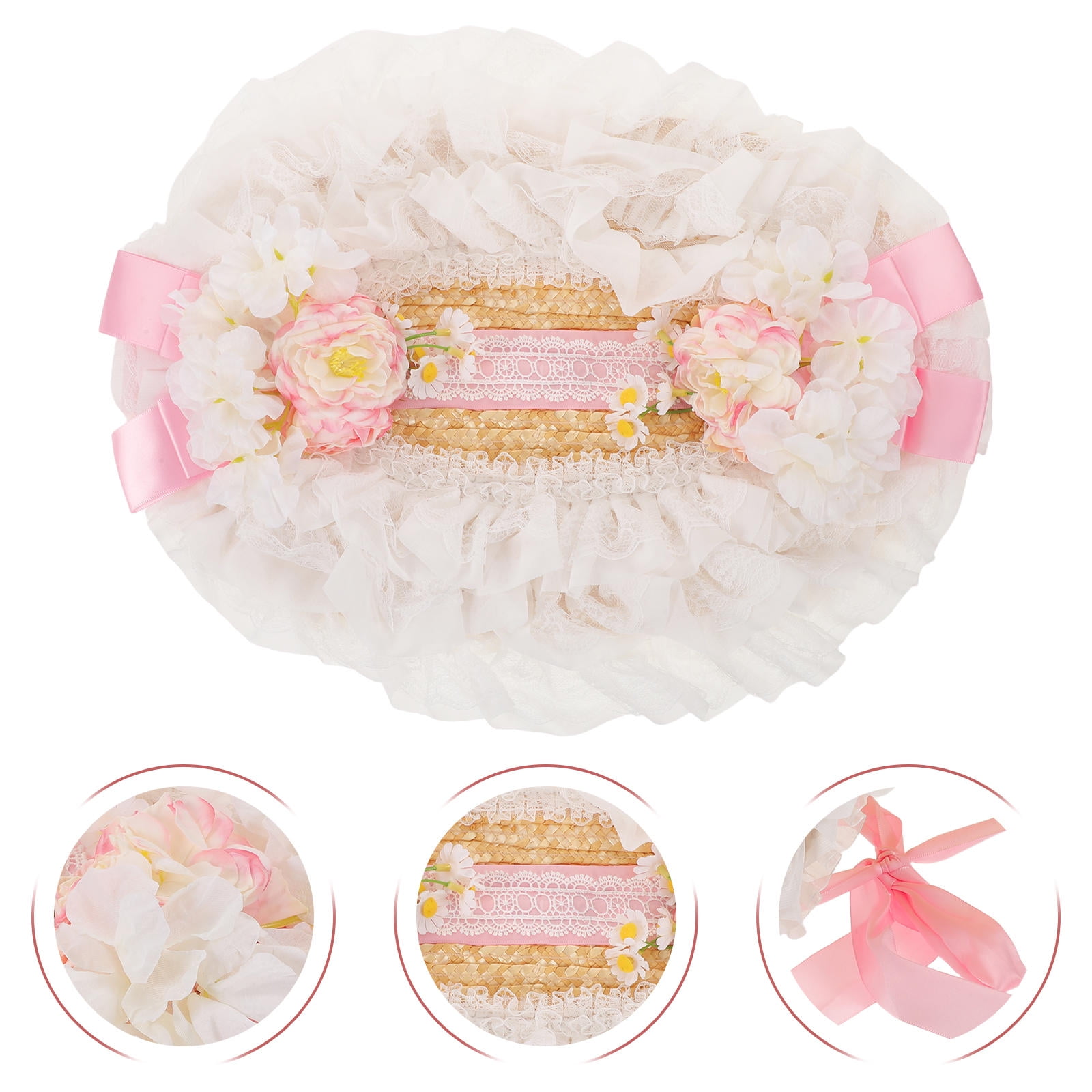 FOMIYES Victorian Style Lace Rattan Bonnet Wide Brim Sun Hat with Floral Ribbon Bow for Tea Party Garden Beach