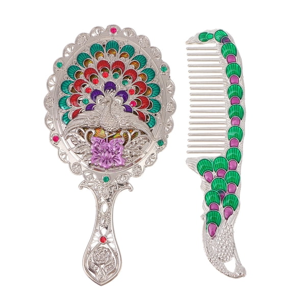 Raindrops Vintage Portable Handheld Makeup Mirror with Comb in Silver Color for Travel and Vanity