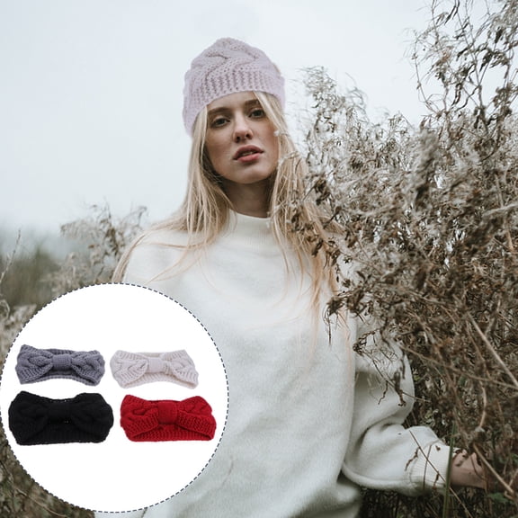 Raindrops 4-Pack Elastic Woolen Headbands with Bow Knot, Button Detail for Winter Outdoor Use