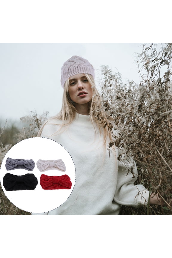 4-Pack Elastic Woolen Headbands with Bow Knot, Button Detail for Winter Outdoor Use
