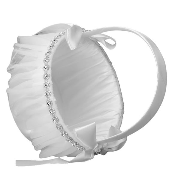 Raindrops White Lace Fabric Wedding Petal Basket with Crystal Details for Elegant Storage and Decorative Use