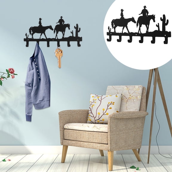 Raindrops West Cowboy Pattern Hook for Porch Hanging Decor Made of Iron Black Color Lightweight and 1 Pc