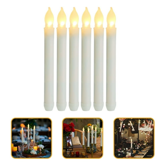 Raindrops White Flickering LED Taper Candles for Decor Made of Plastic 6 Pieces Long Design