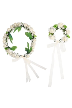 White Flower Crown with Floral Ribbon Tie Wrist Band for Wedding Festivals