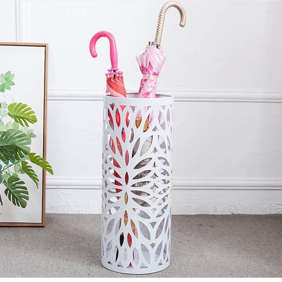 Raindrops White Metal Umbrella Stand with Hollow Design and Drain Slot for Home Use Holds 8 Umbrellas 12.5 inches