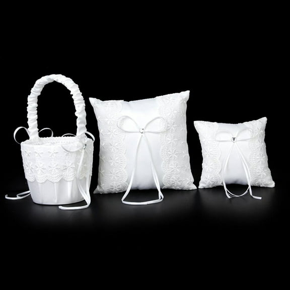 Raindrops White Satin Ring Bearer Pillow with Lace and Rhinestone Heart for Wedding Ceremony 20*20cm