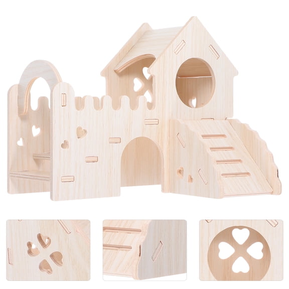 Raindrops Wood Hamster House and Habitat with Climbing Ladder Slide Khaki Detachable Hut