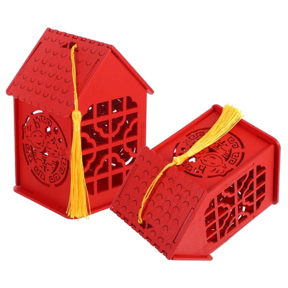 Raindrops Wooden Box for Wedding Candy with Chinese Style Hollow Design and Elegant Tassel Decoration Red Color