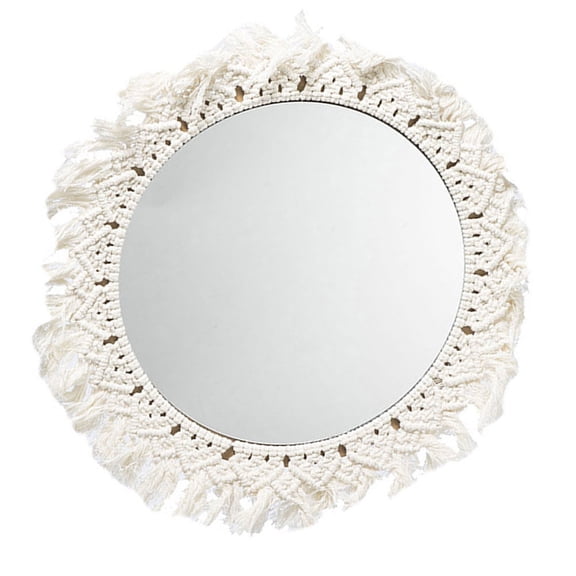 Raindrops Woven Mirror Macrame Fringe Home Round Hanging with Rope Beige