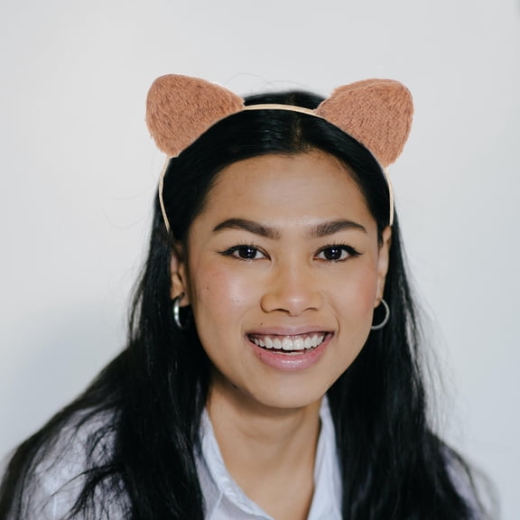 Raindrops Cute Furry Cat Ears Headband Khaki Plush for Skincare and Makeup Routines