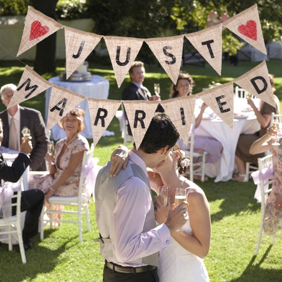 FOMIYES Rustic Linen Wedding Banner with Burlap Triangle Flags, Pre-Strung for Party Decorations and Event Decor