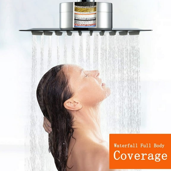 Rainfall Shower Head 8 Inch Solid Square Ultra Thin 304 Stainless Steel Polish Chrome Rain Setting Shower Heads,Waterfall Full Body Coverage with Silicone Nozzles