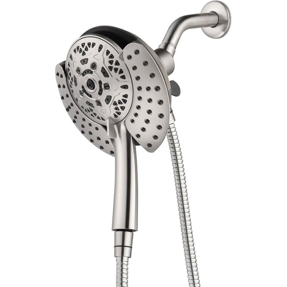 Rainfall Shower Head with Handheld Spray Combo, 7.2 Inch Round Brushed Nickel Wall-Mounted Modern Shower System, 21 Settings, Detachable, 1.74 GPM, 60 Inch Stainless Steel Hose