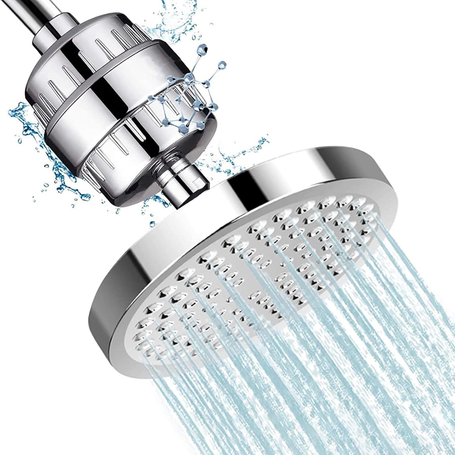 Rainfall Shower Head with Filter 6 Inches Fixed Rain Showerhead High Pressure Anti-Scaling Bathroom Showerhead Round 360° Adjustable Fixed Shower